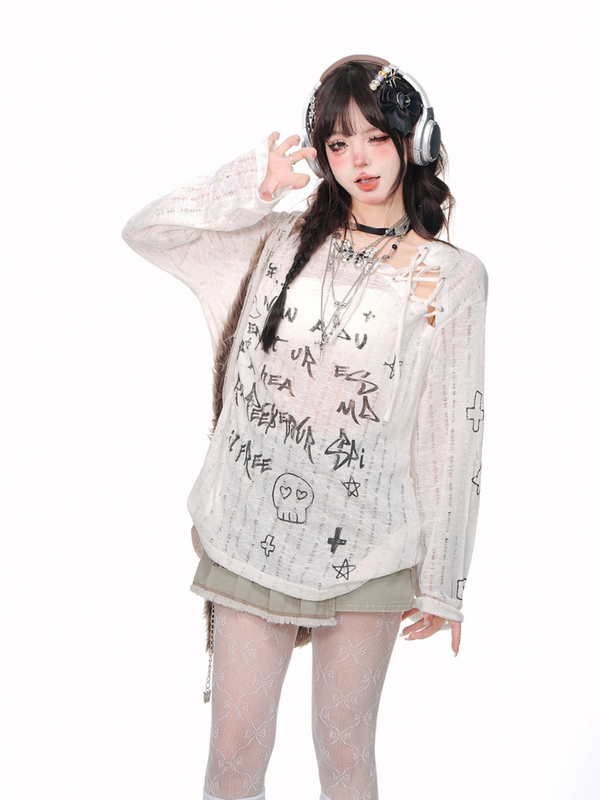 レースアップムーンライト ニットトップス