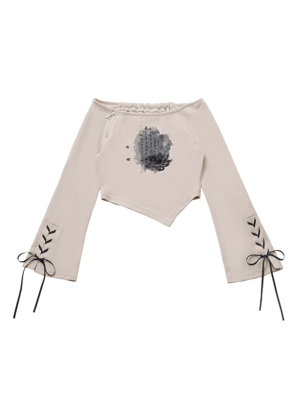 レースアップスリーブトップス+イレギュラーベージュスカート+ワイドパンツ