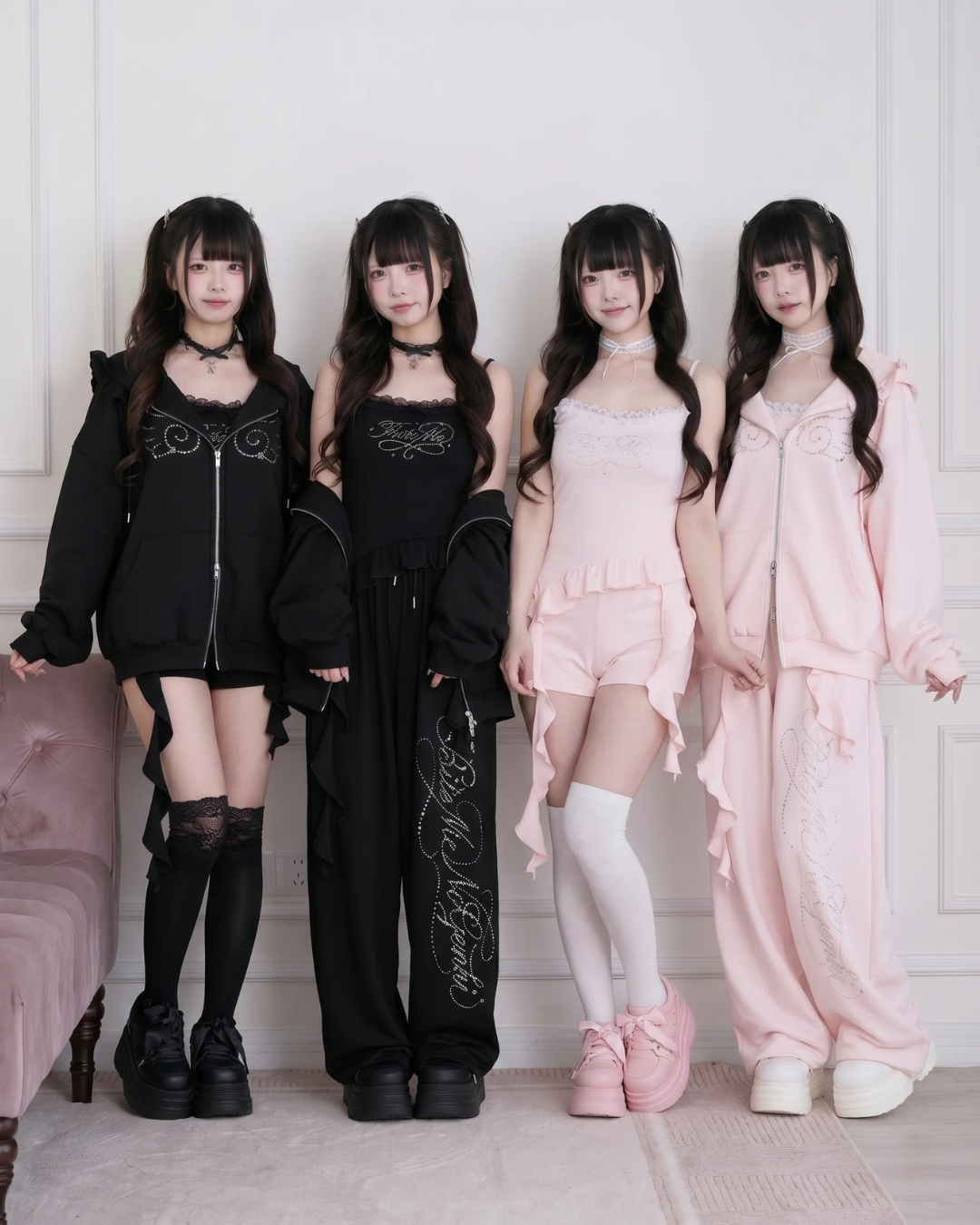 Lace Subculture Hooded Sweatshirt + Camisole + Shorts + Long Pants