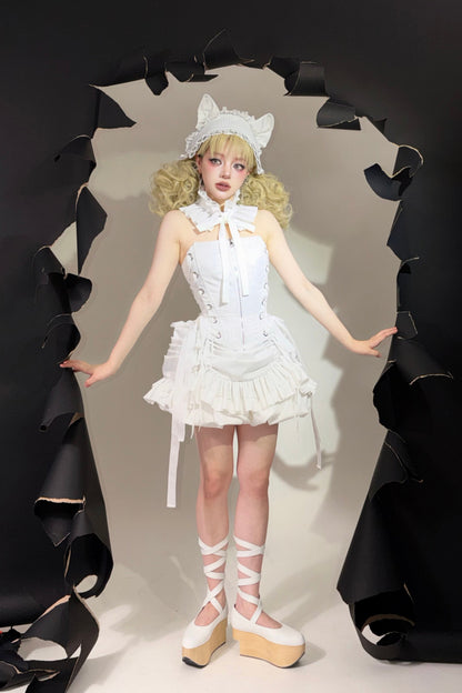 [Vorbestellschluss: 8. August] Gothic-Lolita Dark-Cat gestreifte kurze Rüschenjacke+Korsett-Bustier+hochziehbare kurze Rüschenshorts