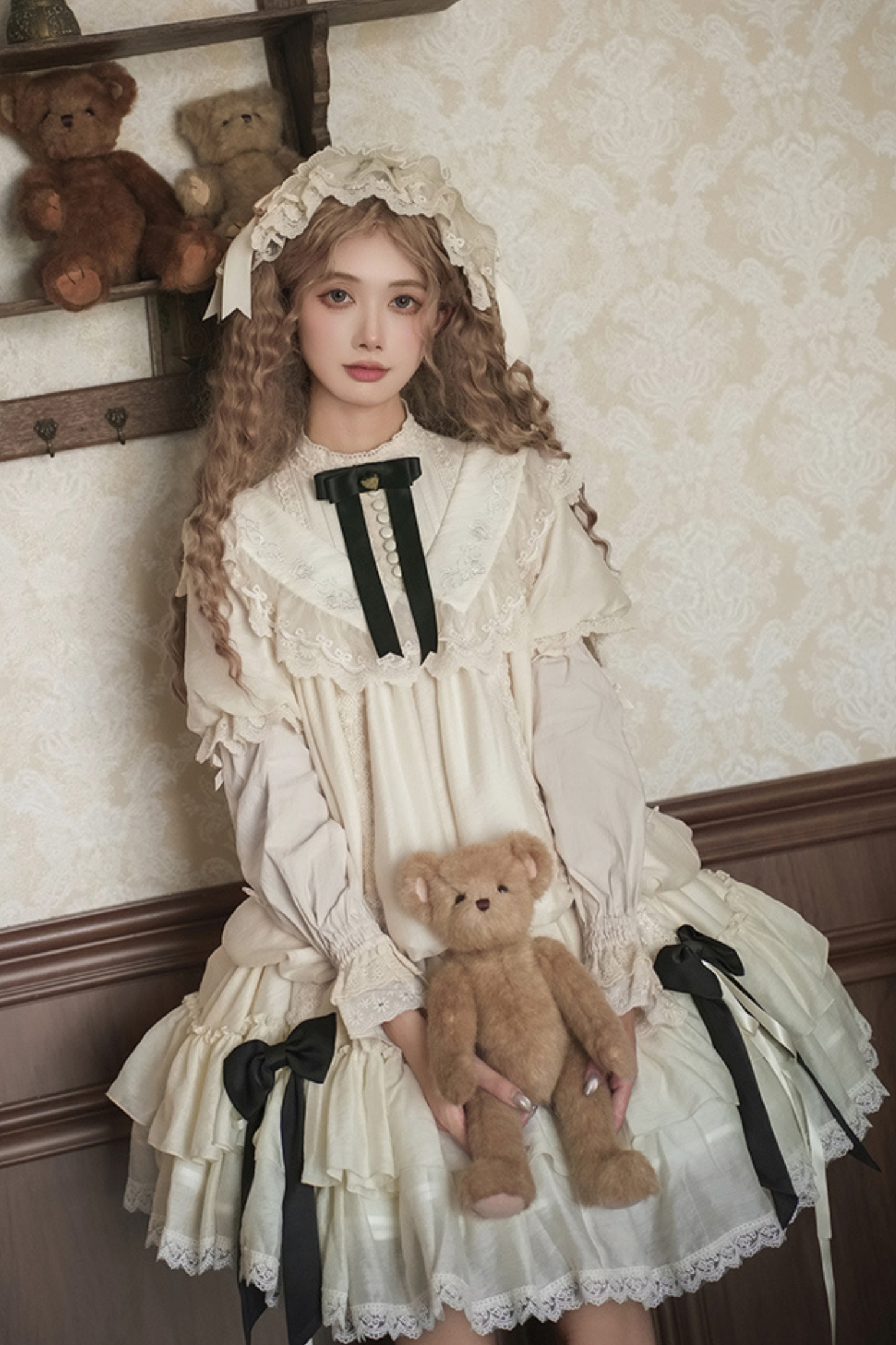 【予約商品】ローズフリルロリータドレス+ドレス＋ベルト＋ブローチ＋リボン＋ヘッドバンド＋スリーブ