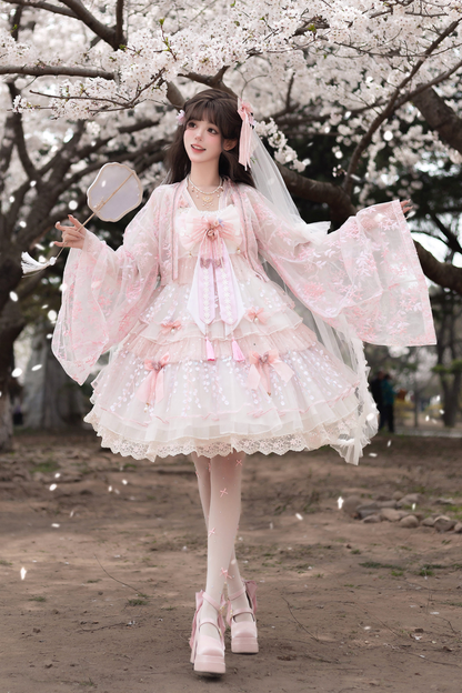 사쿠라 스위트 차이나 로리타 셔츠 + 목걸이 + 리본 + 베일 + 클립