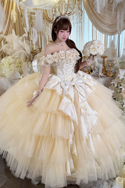 [예약상품] 4월 4일 예약마감]애프리콧 웨딩 로리타 원피스+숄+소매+리본 테일+베일