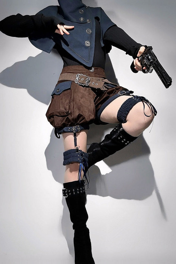【10月6日予約締切】Dark Navy X Brown Prince Lolita Asymmetrical Cape + Black Knit Top + Leg Ring Shorts + Belt With Pockets + Scarf Ouji Fashion