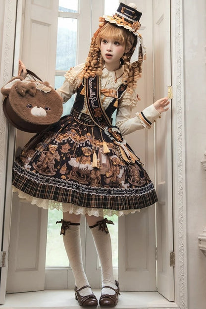 [Reservierungsschluss 8. September] Classic Bear Lolita-Stufenkleid mit weißem Kragen, Karomuster, Spitze und Schleife+Vintage-JSK-Kleid mit Teddybär-Print und Spitze+Vintage-Lolita-Kleid mit Teddybär-Print, Karokragen und klassischem Karomuster