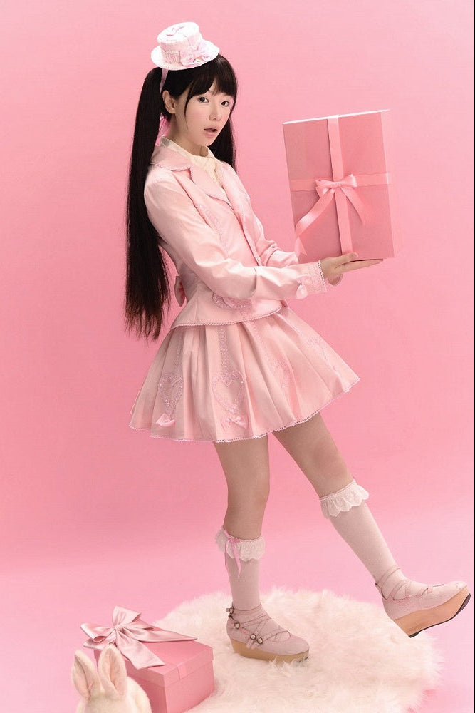 [Pre-order Deadline: June 28] Pink/Gray Vintage Lolita Heart Ribbon Tailored Jacket + Skirt + Tie