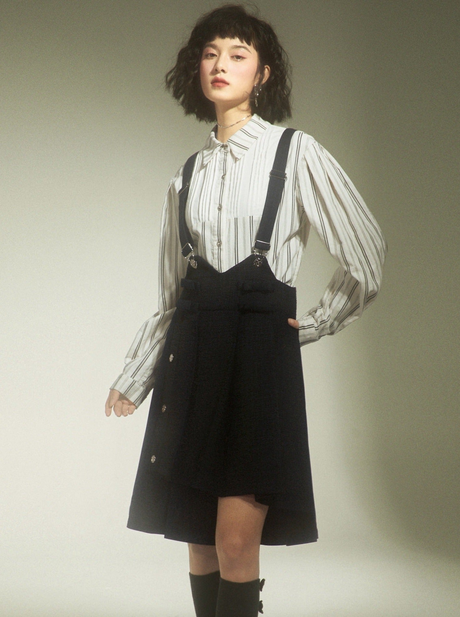 Pleated Asymmetrical Suspender Skirt