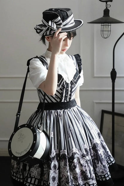 【10月3日予約締切】Black White Striped Gothic Rose Print JKS Dress(Short/Long)+ Low-Waist Square Neck Lace-Up JKS Dress