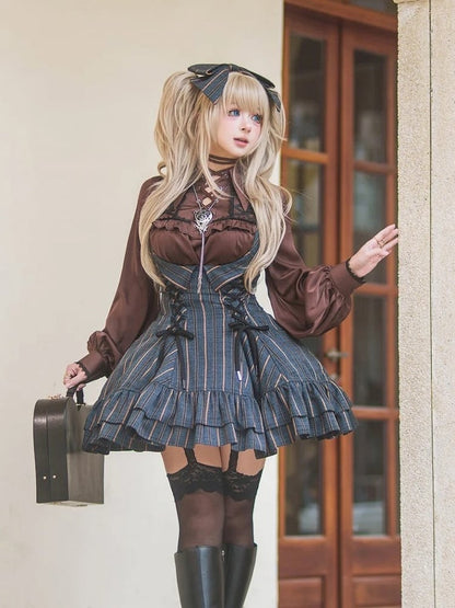 【12月29日予約締切】ゴシックロリータストライプバッククロスフリルサスドレス