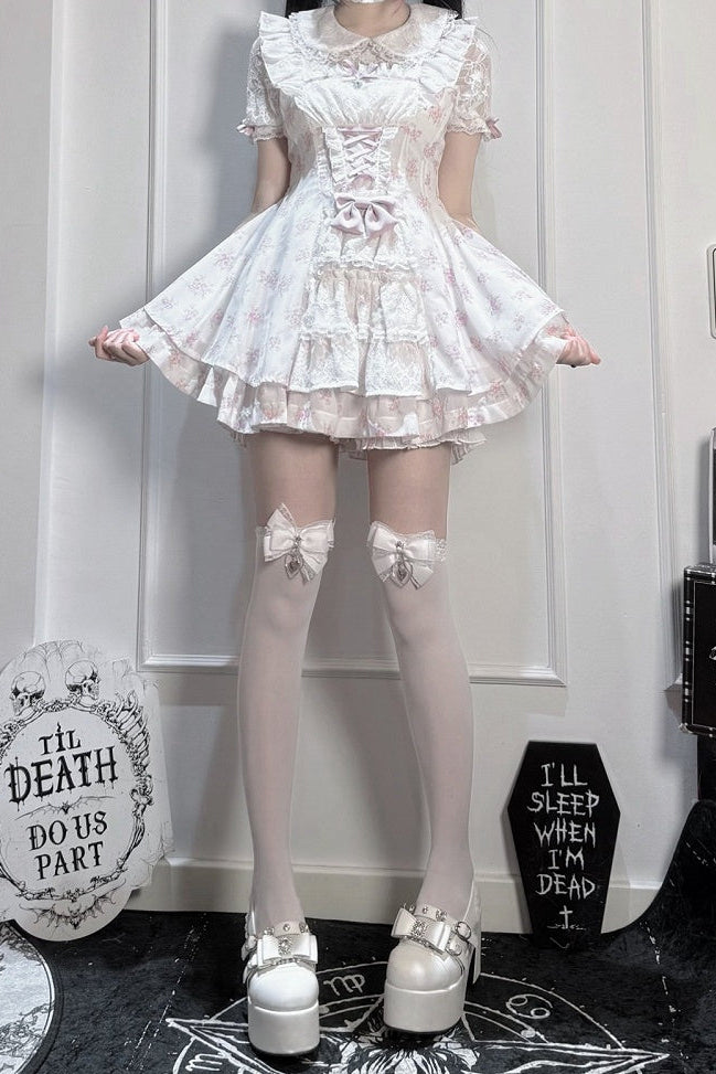 【9月2日予約締切】Romantic Pink Floral Layered Lace Dress＋Matching Shorts ＋ Bow Hairclips ＋ Bow Tie[Full set]
