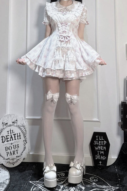 【9月2日予約締切】Romantic Pink Floral Layered Lace Dress＋Matching Shorts ＋ Bow Hairclips ＋ Bow Tie[Full set]
