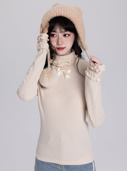 Ribbon Ruffle Tight Turtleneck Top