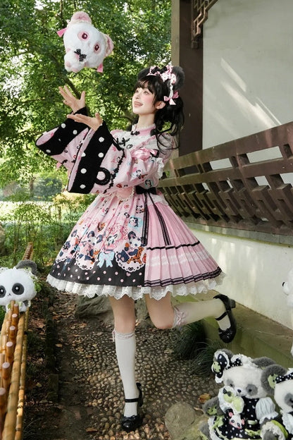 [Pre-order Deadline: October 25] Pink/Green Chinoiserie Lolita Sweet Panda Print Bow Bell Sleeve OP Dress