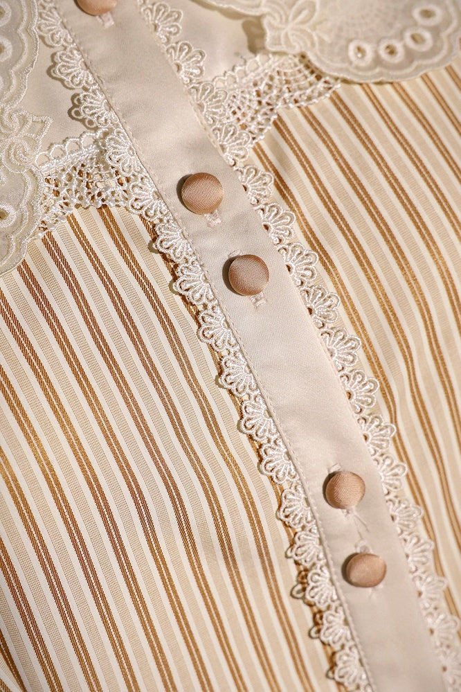 [Reservation Deadline: November 6] Beige Striped Short-Sleeve Lolita Shirt with Beautiful Embroidery and a Layered Lace Collar + Pair of Detachable Long Sleeves + Long-Sleeve Shirt (with Detachable Embroidered Collar)