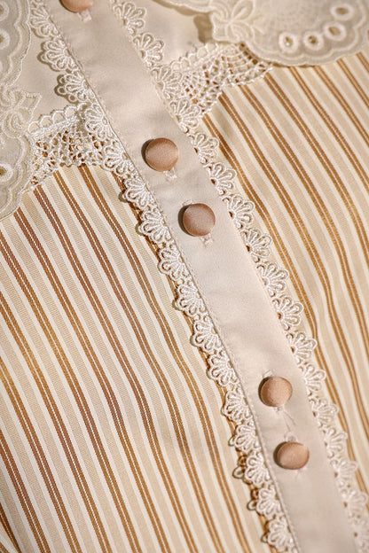 [Reservation Deadline: November 6] Beige Striped Short-Sleeve Lolita Shirt with Beautiful Embroidery and a Layered Lace Collar + Pair of Detachable Long Sleeves + Long-Sleeve Shirt (with Detachable Embroidered Collar)