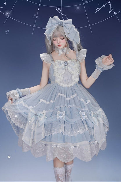 [Clôture des précommandes le 923] Robe JSK classique lolita bleu clair/bleu foncé à broderies d’étoiles célestes, rubans et jupe à volants asymétrique