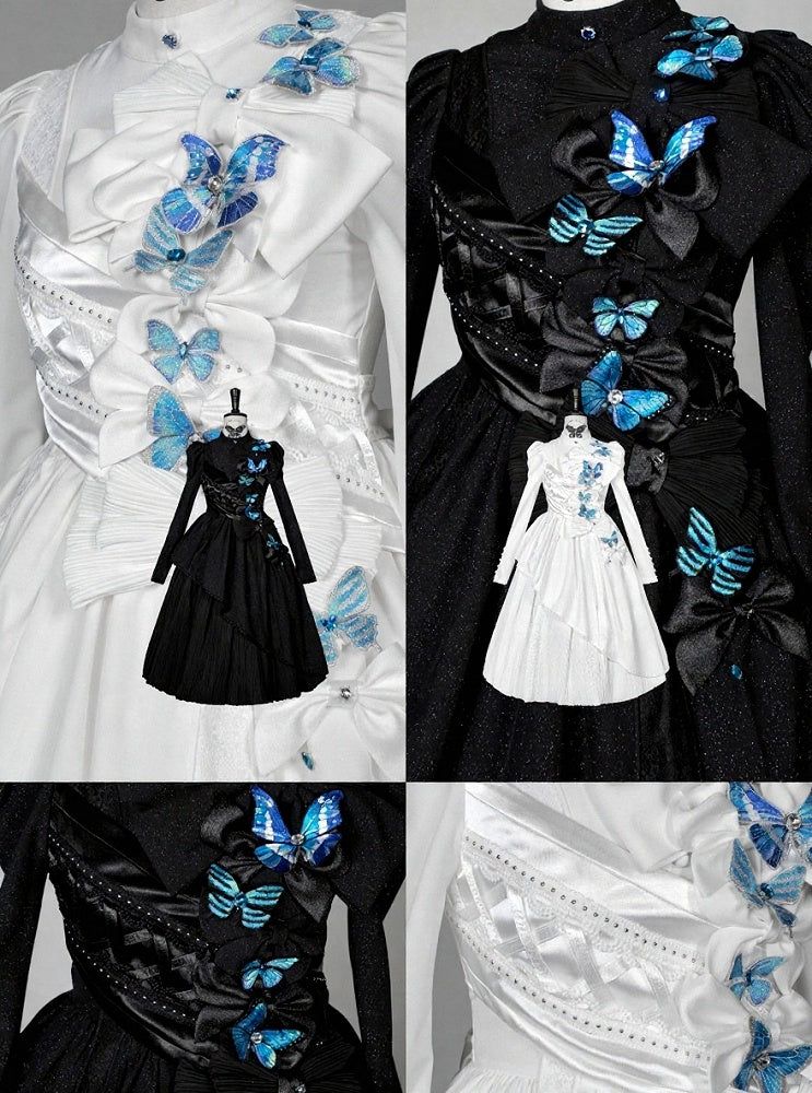 [Reservierungsschluss 14. Oktober] Schwarz/weißes Gothic-Lolita-Langkleid mit Schmetterlingsschleife, Stehkragen und asymmetrischen Lagen