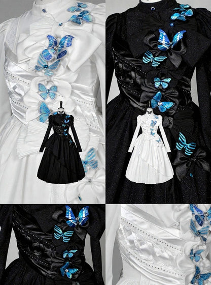 [Reservierungsschluss 14. Oktober] Schwarz/weißes Gothic-Lolita-Langkleid mit Schmetterlingsschleife, Stehkragen und asymmetrischen Lagen