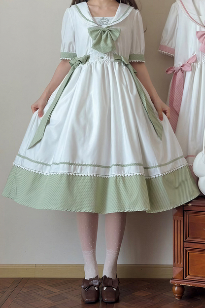 [Reservierungsschluss 28. Juni] 5 Farben/Sailor-Lolita-Streifenkleid mit Schleife und Puffärmeln