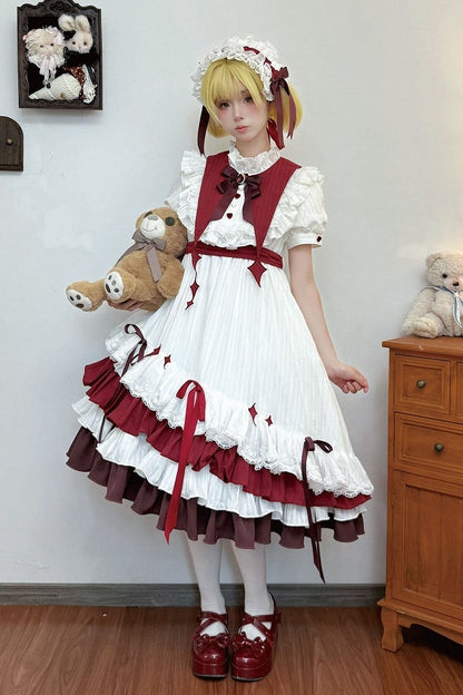【8月29日予約締切】White x Burgundy / Blue x Black Gothic Doll Lolita Witch Asymmetrical Ruffle Dress Full Set （with Pointed Collar + Bow Tie + Waist Belt）