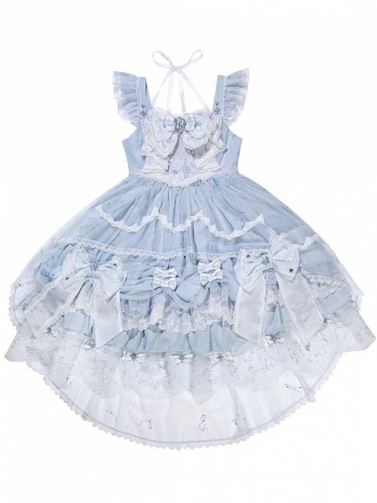 [Clôture des précommandes le 923] Robe JSK classique lolita bleu clair/bleu foncé à broderies d’étoiles célestes, rubans et jupe à volants asymétrique