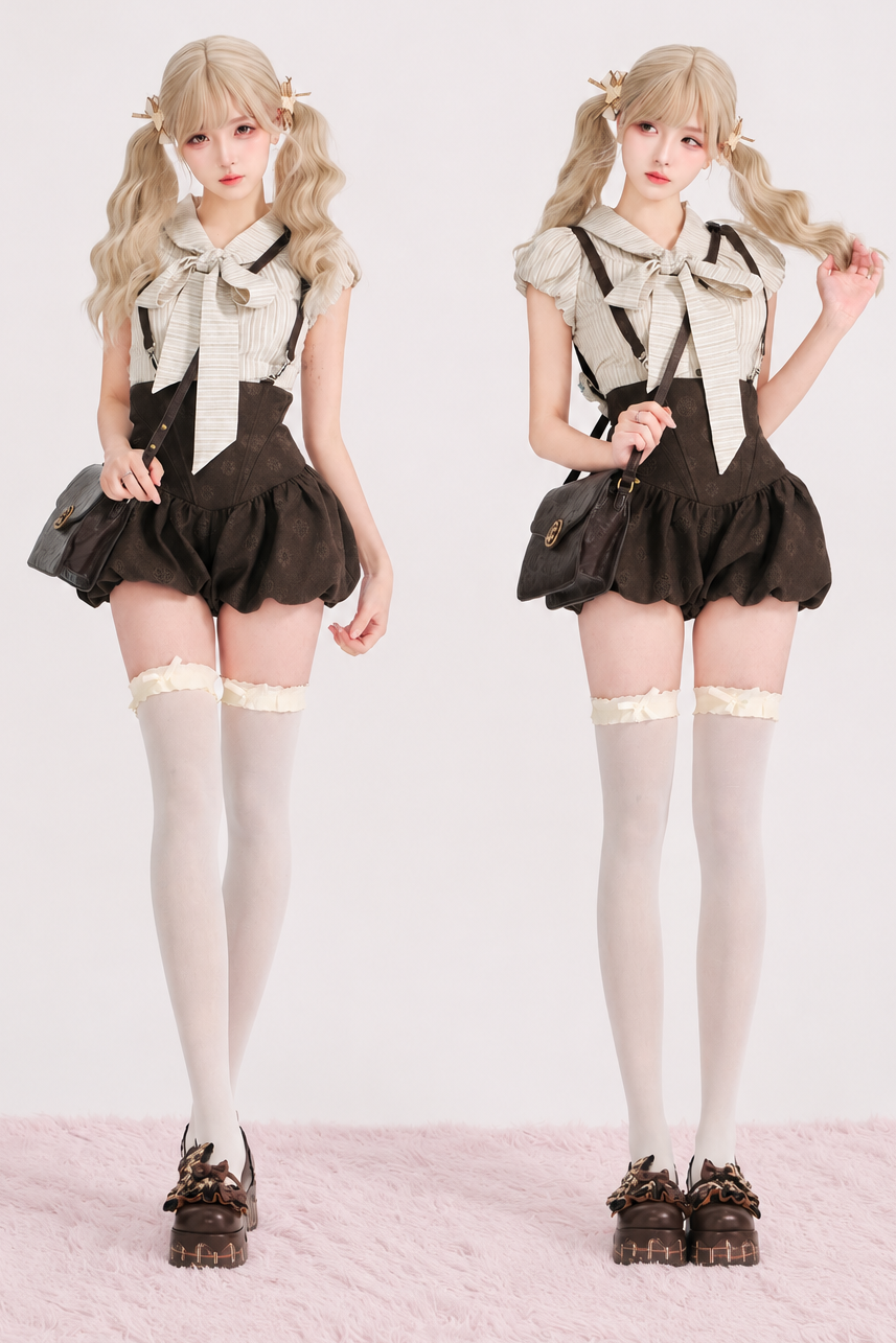 Caramel Cocoa Striped Blouse + Suspender Pants