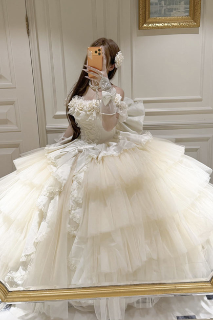 [예약상품] 4월 4일 예약마감]애프리콧 웨딩 로리타 원피스+숄+소매+리본 테일+베일