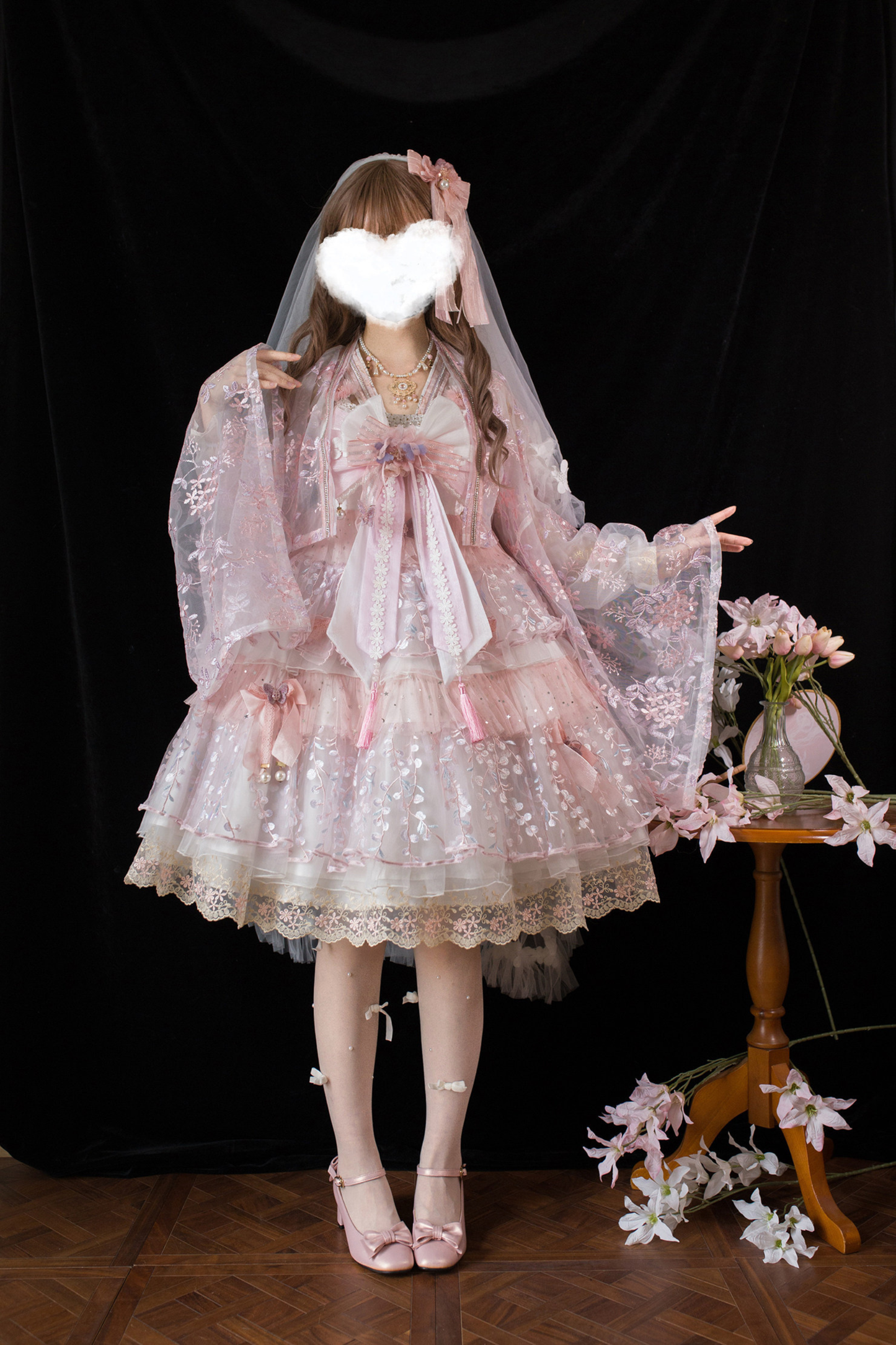 사쿠라 스위트 차이나 로리타 셔츠 + 목걸이 + 리본 + 베일 + 클립