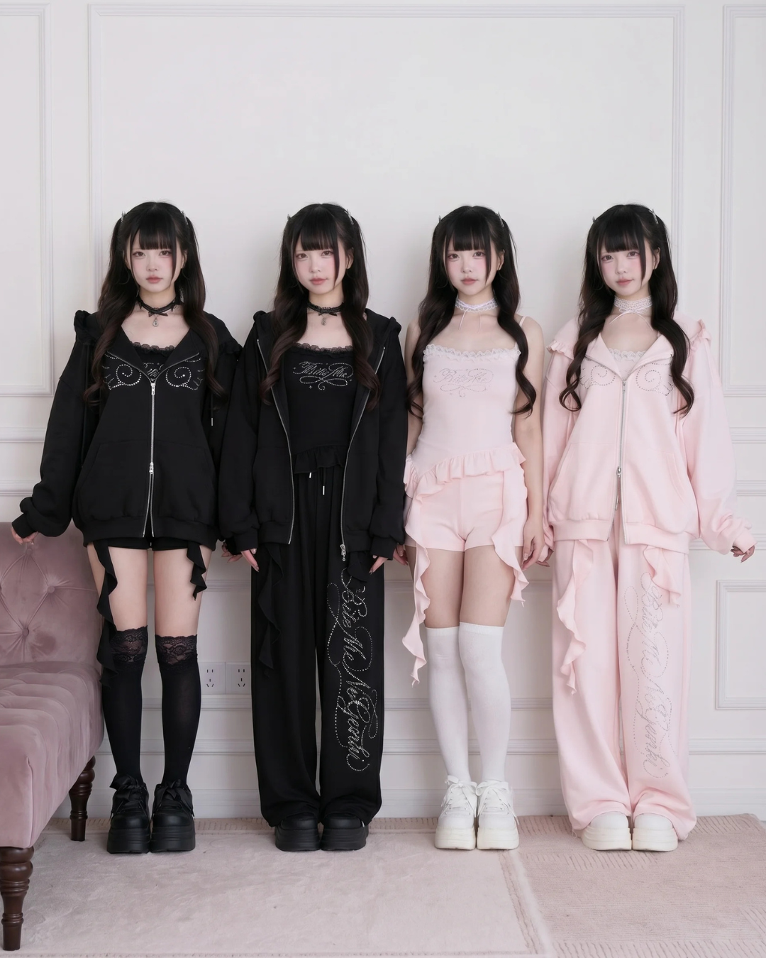Lace Subculture Hooded Sweatshirt + Camisole + Shorts + Long Pants