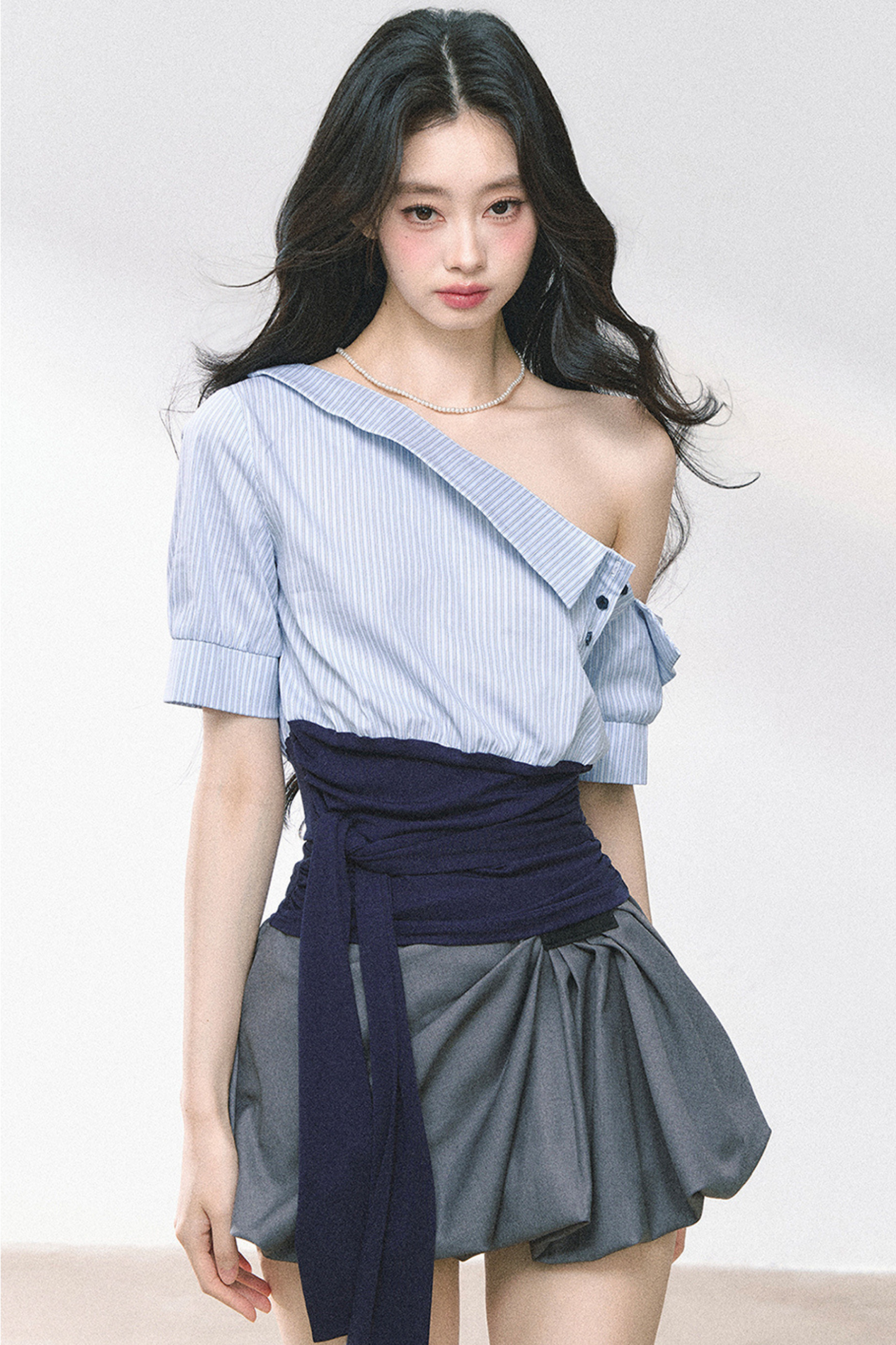 ウエストバンド付きワンショルダーシャツ