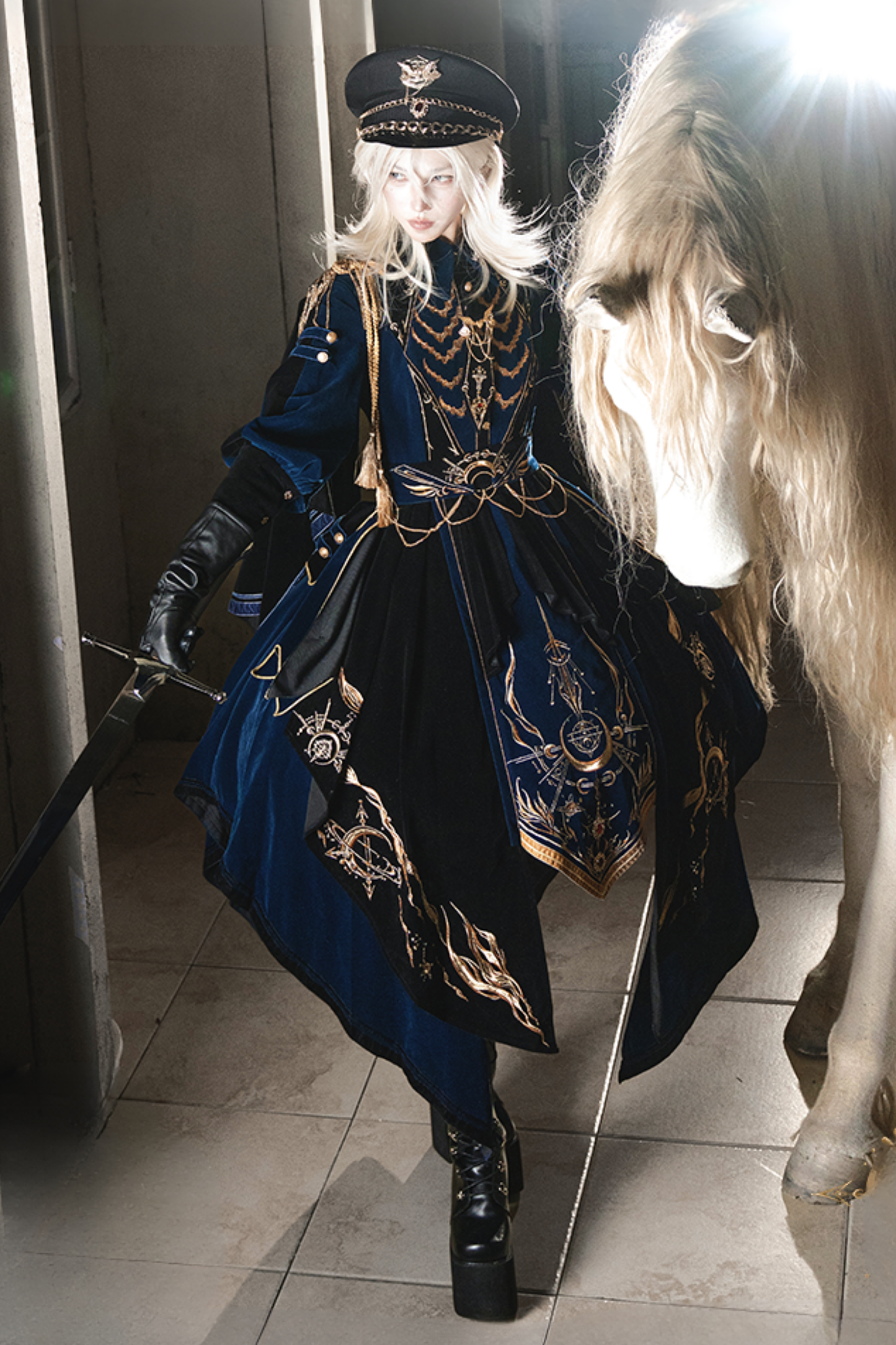 [Deadline for pre-order on November 16th] Holy army blue black embroidered military cape dress complete set + dress set