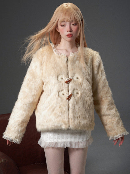 Gradient Beige Lace Stitching Horn Button High Collar Jacket