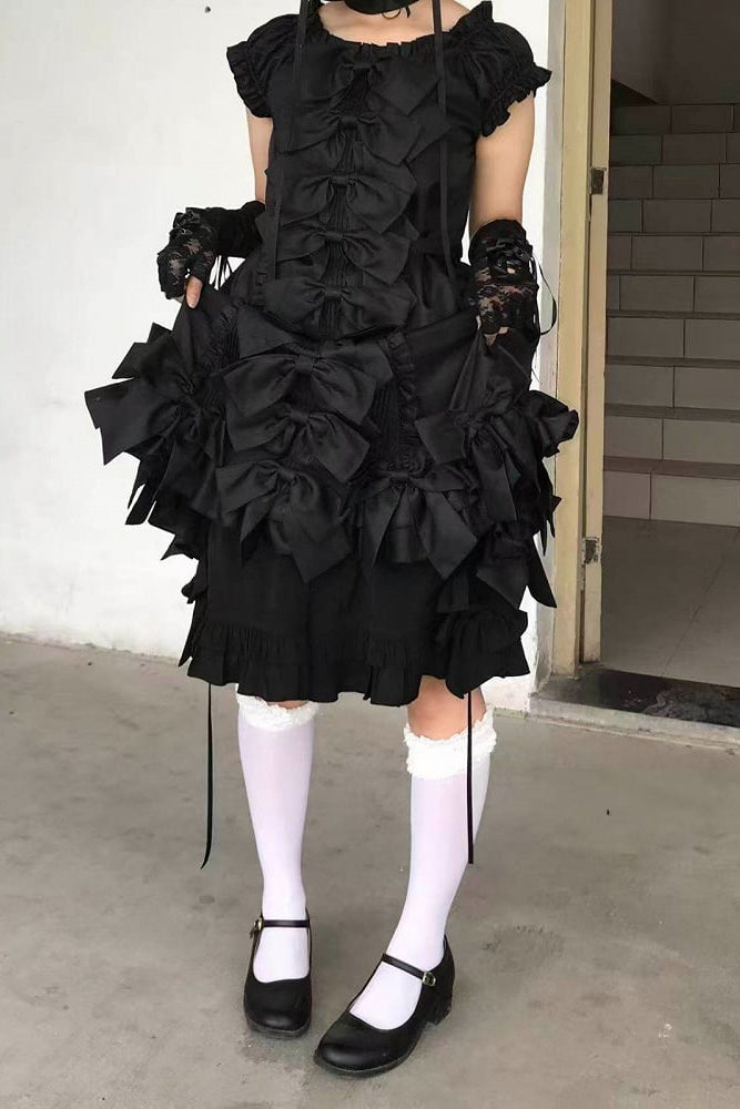 [November 15 Reservation Deadline] Black Gothic Doll-Style Front-And-Back Two-Way Ruffle Ribbon Lolita Dress (Short/Long) + Matching Shorts (Short/Long) + BB Hat
