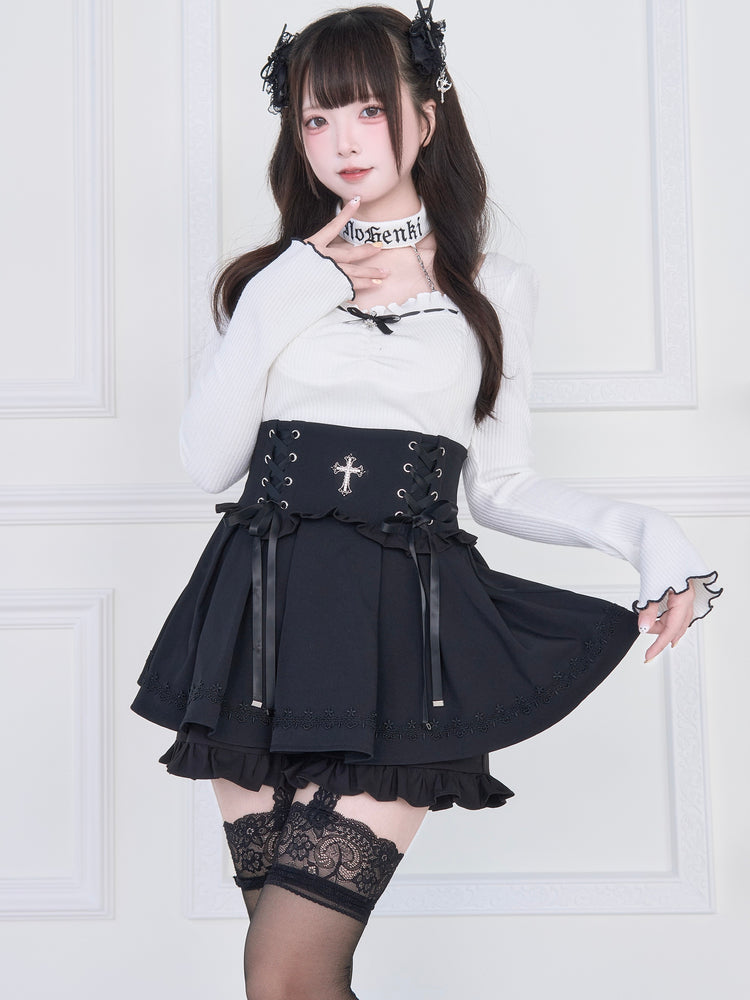 [Reservations] Choker Neck Square Frill Knit Top + Gothic Cross Lace-Up Skirt