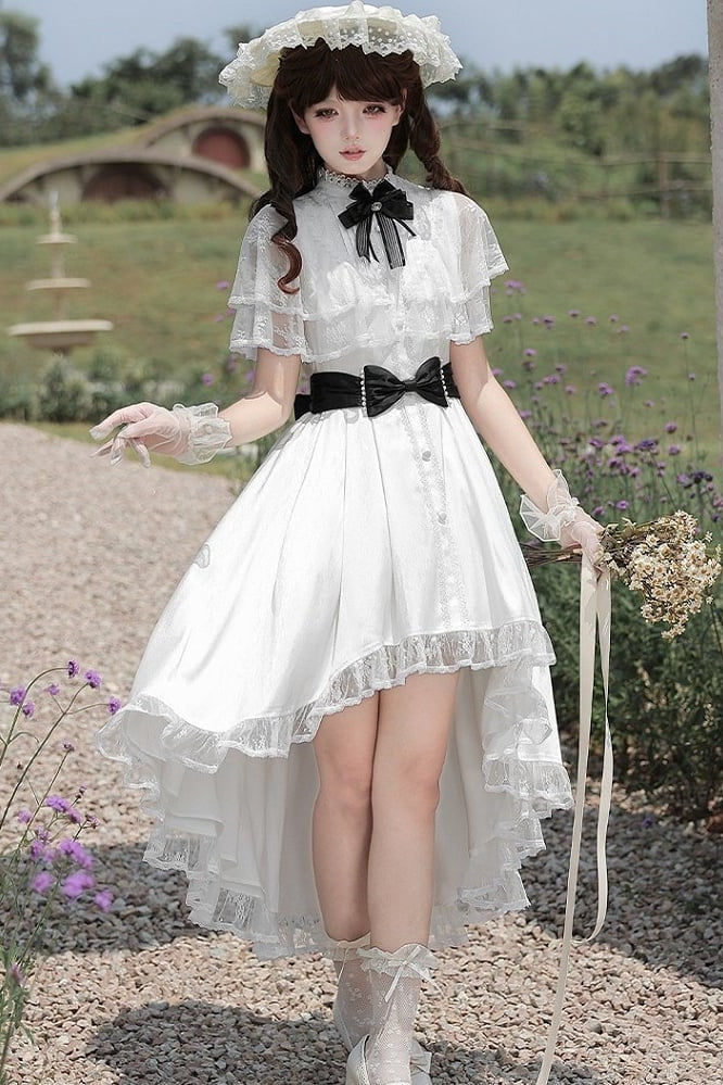 【10月8日予約締切】White Classic Lolita Black Bow High-Low Dress(Sheer lace hem version / Plain satin frill hem version)