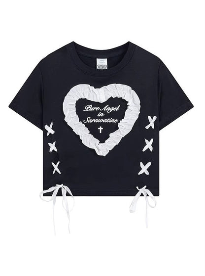 Love Lace Edge Letter Strap T-Shirt