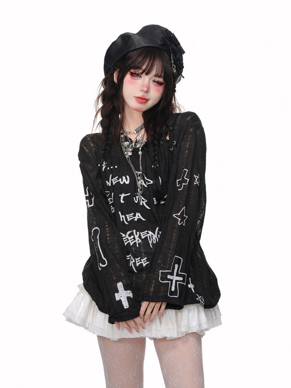 レースアップムーンライト ニットトップス