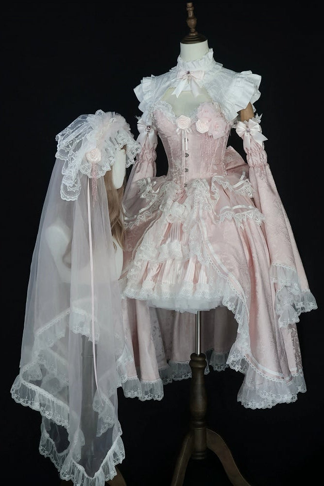 [Date limite de réservation 8 janvier] Set Complet avec Accessoires de Robe Bustier Jacquard Gothic Sombre à Longue Traîne