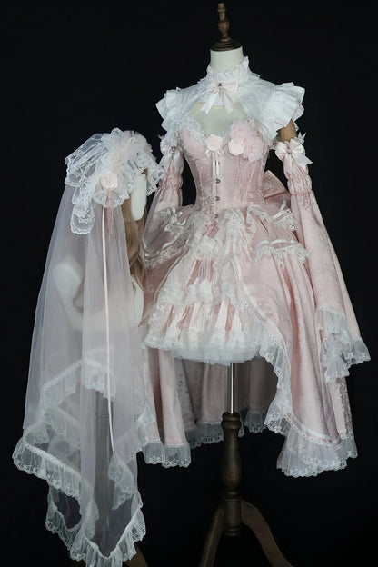 [Date limite de réservation 8 janvier] Set Complet avec Accessoires de Robe Bustier Jacquard Gothic Sombre à Longue Traîne