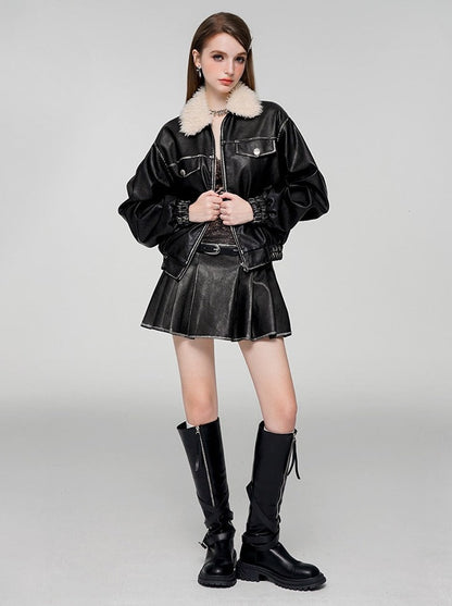 Motorcycle Leather Jacket + Leather Pleated Stitching Skirt