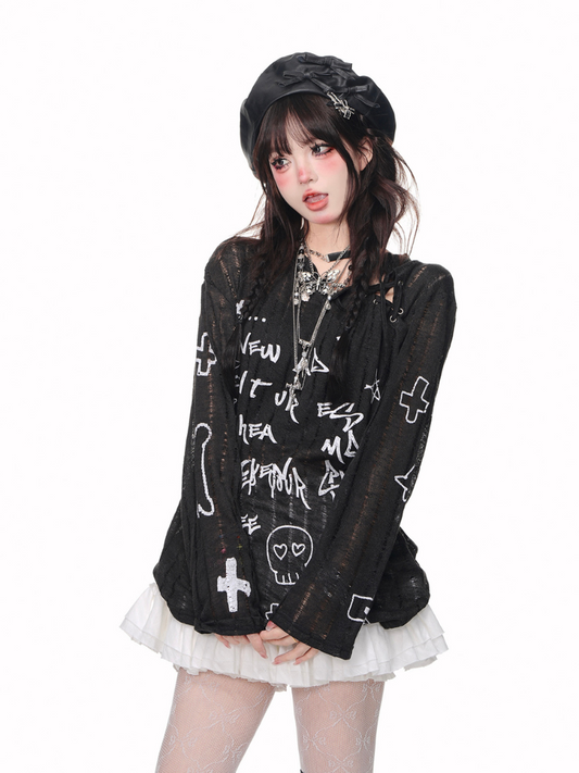 レースアップムーンライト ニットトップス