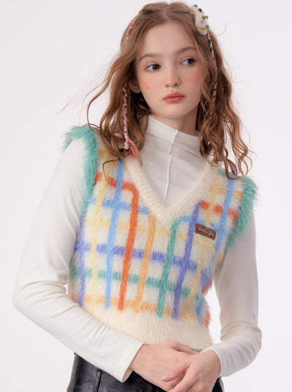 American Retro Colorful Check V-Neck Fur Vest