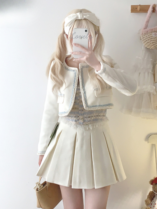 Sweet White Jacket + Pleated Skirt