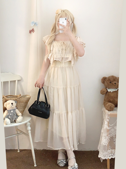 Sheer Summer Girly Tops+Summer Long Skirt