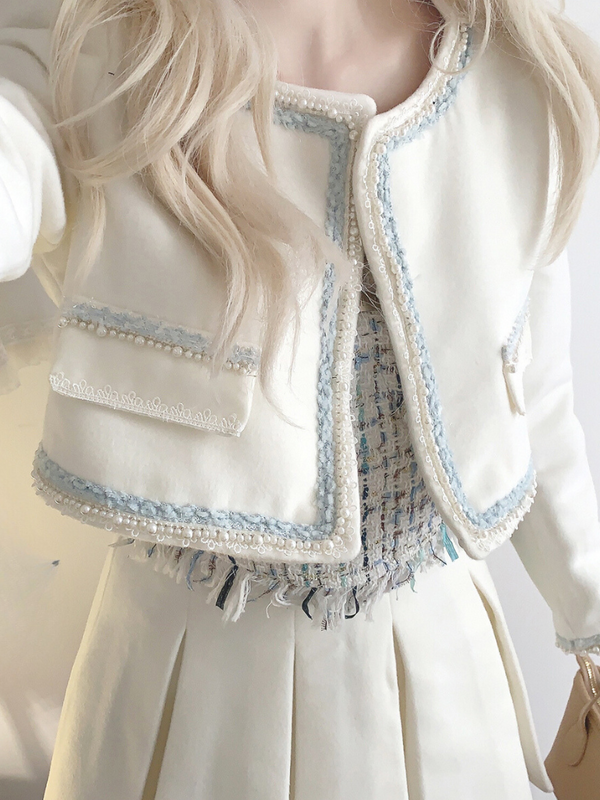 Sweet White Jacket + Pleated Skirt