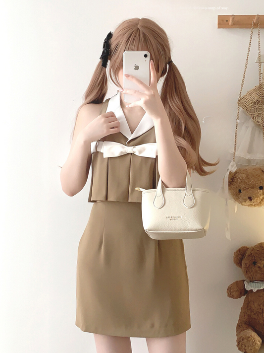 Retro Ribbon Camel Lapel Rich One-Piece Dress