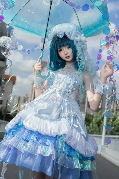 [Date limite de précommande : 1er août] Robe JKS lolita féerique méduse océan blanc x bleu à superpositions avec traîne aurore