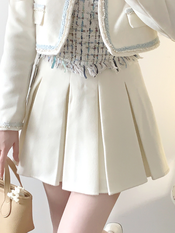 Sweet White Jacket + Pleated Skirt