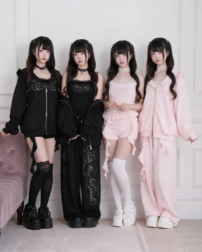 Lace Subculture Hooded Sweatshirt + Camisole + Shorts + Long Pants