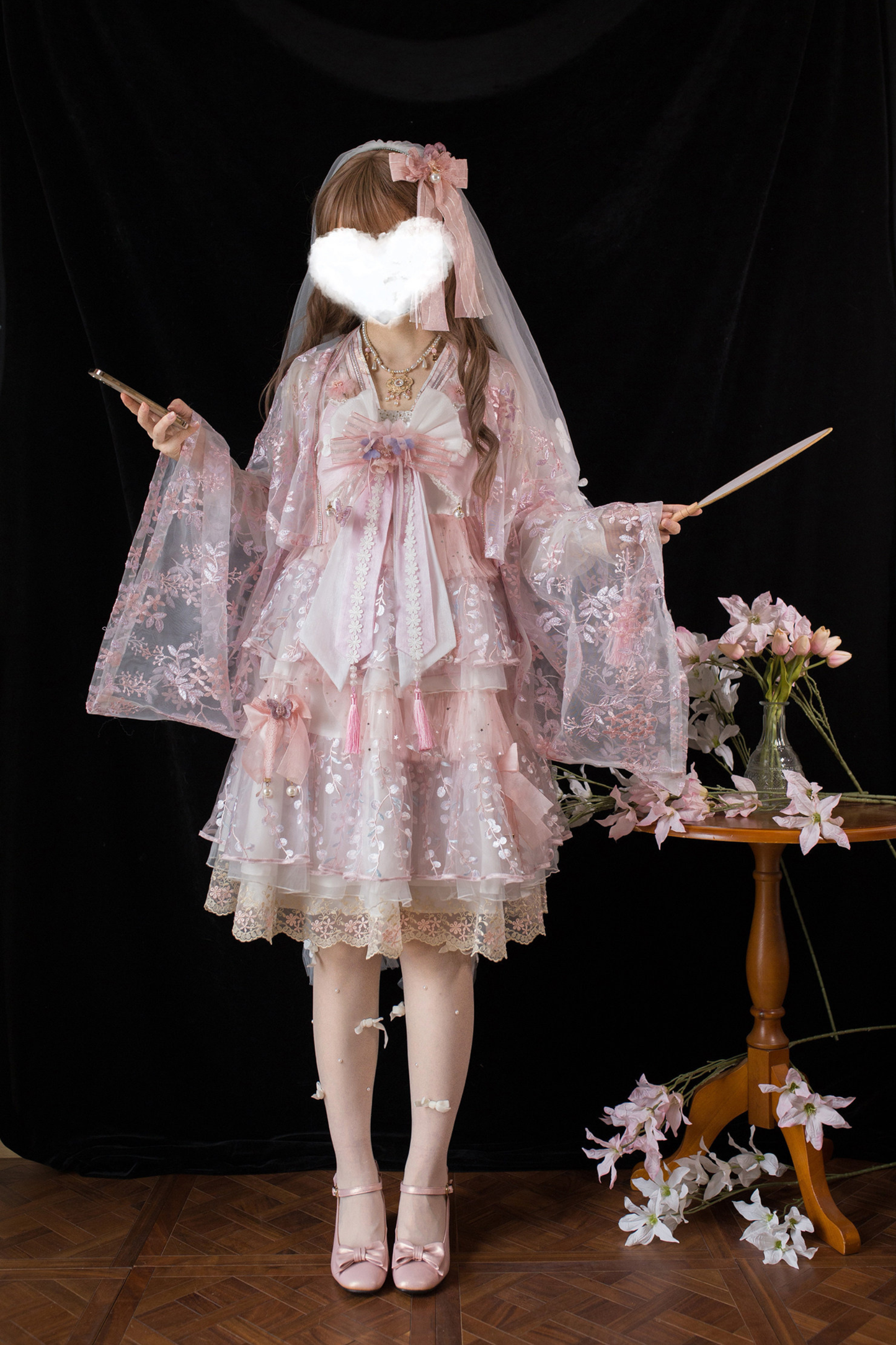 사쿠라 스위트 차이나 로리타 셔츠 + 목걸이 + 리본 + 베일 + 클립